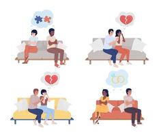 Relationship problem semi flat color vector characters set. Editable figures. Full body people on white. Couple conflict. Breakup simple cartoon style illustration for web graphic design and animation