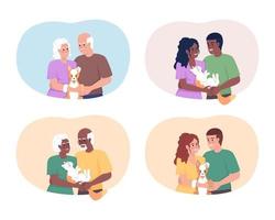 Couple with family pet 2D vector isolated illustration set. Happy relationship. Male and female flat characters on cartoon background. Colorful editable scene pack for mobile, website, presentation