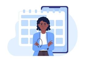 visita de programación al médico ilustración de vector de concepto plano. hacer cita en línea. personajes de dibujos animados 2d editables en blanco para el diseño web. idea creativa para sitio web, móvil, presentación