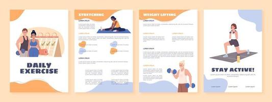 Daily exercise flat vector brochure template. Booklet, leaflet printable flat color designs. Editable magazine page, reports kit with text space