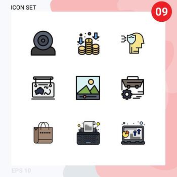 paquete de interfaz de usuario de 9 colores planos básicos de línea rellena de elementos de diseño vectorial editables del marco de ubicación personal de la guía de la galería vector