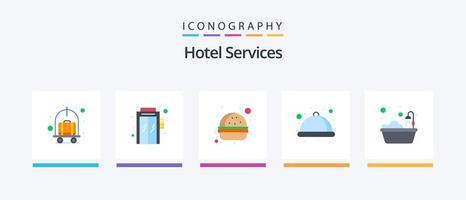 Hotel Services Flat 5 Icon Pack Including hotel. bath. fast food. service. premium. Creative Icons Design vector