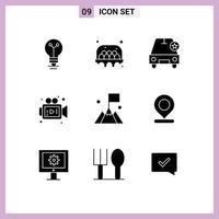 Modern Set of 9 Solid Glyphs and symbols such as mountain flag car video camera Editable Vector Design Elements