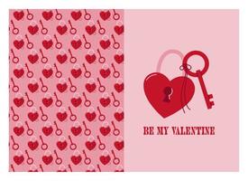 Valentine's Greeting Card with heart lock, key pattern, and the same element. Simple Vector illustration in doodle style