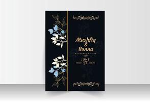 tarjeta de boda de fondo negro con arte floral azul, dorado y blanco vector