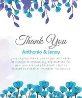 Blue flower violet leafs thank you card with watercolor background vector