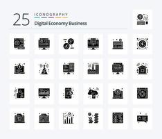 Digital Economy Business 25 Solid Glyph icon pack including dollar business. economy. euro. server. digital vector