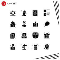 Pack of 16 creative Solid Glyphs of building plus page tick user Editable Vector Design Elements