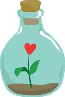 Vector glass bottle with a small red heart shaped plant inside on a white background. Love concept. Good for cards, stickers, decoration, poster.