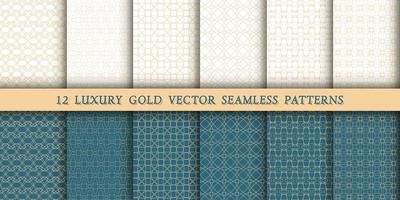 A set of 12 luxurious geometric gold patterns for printing and design, golden lines on a white and green, emerald background. Modern and stylish patterns vector