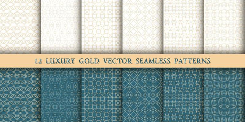 A set of 12 luxurious geometric gold patterns for printing and design, golden lines on a white and green, emerald background. Modern and stylish patterns