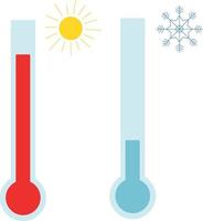 conjunto de iconos de termómetro. dispositivo para medir temperaturas altas y bajas aislado en un fondo blanco. símbolos de sol y copos de nieve. centígrados y farenheit. ilustración plana vectorial. vector