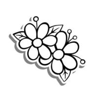 Black line doodle Flower with Leaves and Pollen on white silhouette and gray shadow. Hand drawn cartoon style. Vector illustration for decorate, coloring and any design.