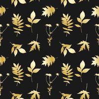 Gold leaves pattern , leave and camomile, dark background. vector