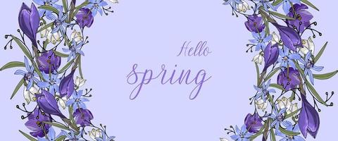 Hello Spring blue banner wreath doodle flowers, crocuses and snowdrops hand drawn. vector