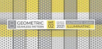 Collection of repeating abstract texture of ultimate gray and illuminating yellow. Geometric seamless pattern with circle, line, polygon and star for background, wallpaper, textile. Ethnic ornament vector