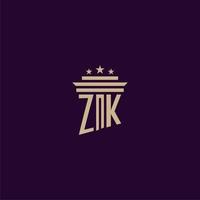 ZK initial monogram logo design for lawfirm lawyers with pillar vector image