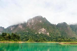 Beautiful high mountains and green lake photo