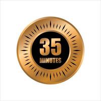 35 timer minutes symbol style isolated on white background. time gold label vector