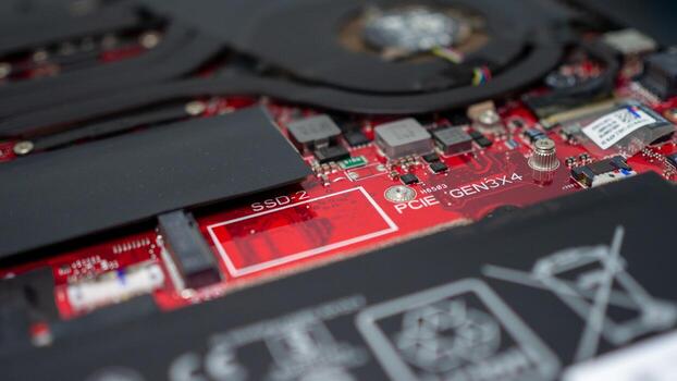 Circuit board with resistors microchips and electronic components. Computer hardware technology. Integrated communication processor. Information engineering. PCB. photo