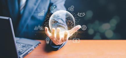 Businessman  Hand holding virtual Global Internet connection metaverse. Business global internet connection application technology and digital marketing, Financial and banking, Digital link tech, photo