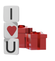 Valentinstagsgeschenk. Geburtstagsgeschenk mit Liebe ich liebe dich Alphabet Kreuzworträtsel. Fröhliches Feiergeschenk-Symbol. 3D-Rendering png