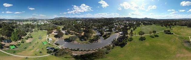 The aerial drone point of view in 360 degree photography at Wodonga is a city on the Victorian side of the border with New South Wales on the southern side of the Murray River. photo