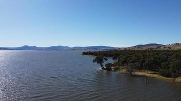 The aerial drone point of view photo at Bowna Waters Reserve is natural parkland on the foreshore of Lake Hume popular boat launching location in Albury, NSW ,Australia.