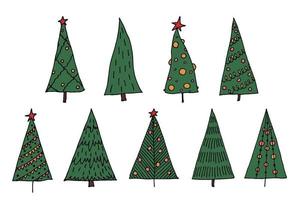 clipart dibujado a mano del árbol de navidad. conjunto de garabatos de abeto. elemento único para tarjeta, impresión, diseño, decoración vector