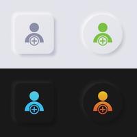 Person icon with plus symbol icon set, Multicolor neumorphism button soft UI Design for Web design, Application UI and more, Button, Vector. vector