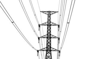 Silhouette of high voltage transmission towers on white background photo