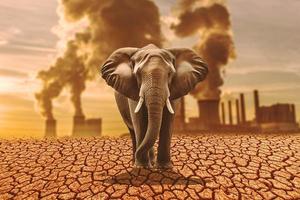 The concept of elephants in arid areas due to global warming and environmental changes. Drought Disaster Background Concept photo