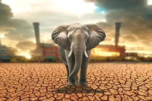 The concept of elephants in arid areas due to global warming and environmental changes. Drought Disaster Background Concept photo