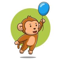 illustration of cute cartoon monkey flying with balloon, vector design.