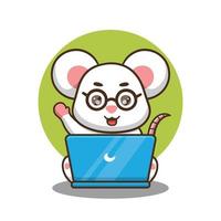 illustration of cute cartoon mouse working in front of laptop, vector design.