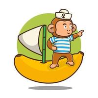 illustration of cute cartoon monkey on banana boat, vector design.