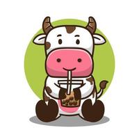 illustration of cute cartoon cow drinking and sitting, vector design.