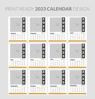 Monthly horizontal wall calendar 2023 design template. Week starts on Sunday. Set of 12 months. vector