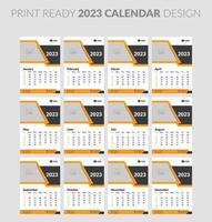 Monthly horizontal wall calendar 2023 design template. Week starts on Sunday. Set of 12 months. vector