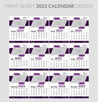 Monthly horizontal wall calendar 2023 design template. Week starts on Sunday. Set of 12 months. vector