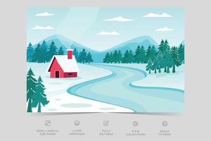 Landscape with snowy trees, beautiful frozen river with reflection in water. Winter landscape with a river and a rock in the snow. Winter river in snow forest landscape. Frozen river water in winter vector