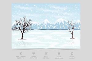 fondo de paisaje de invierno plano. elementos de diseño para carteles, portadas de libros, folletos, revistas, volantes, folletos. paisaje invernal navideño de clima frío en el bosque de la ciudad o el pueblo, colinas y campos nevados vector