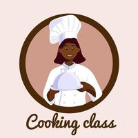 plantilla de diseño para clases de cocina. mujer joven chef sosteniendo un artículo de cocina y mostrando un gesto delicioso. banner con ilustración de vector de niña sonriente.