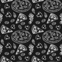 Pizza seamless pattern. Useful for restaurant identity, packaging, menu design, and interior decorating. Vector illustration.