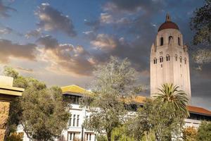 Low angle view of Hoover Tower at Stanford University campus photo