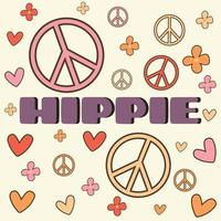 Icon, sticker in hippie style with text Hippie and flowers, hearts, peace signs on beige background in retro style vector