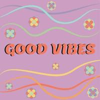 Icon, sticker in hippie style with text Good vibes and flowers,  peace signs on pink background with waves in retro style. vector