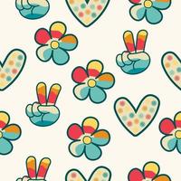 Seamless pattern in hippie style with V sign on beige background with flowers in rainbow colors vector