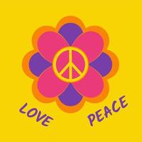 Flower in hippie style with peace symbols on yellow background with text Peace Love. Neon colors. vector