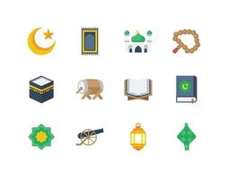 conjunto de iconos de color plano de ramadán con iconos relacionados con el islam y los musulmanes vector